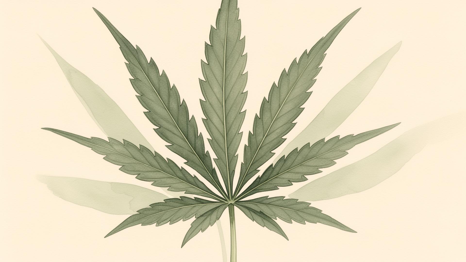 Ilustração botânica de folhas de cannabis em aquarela